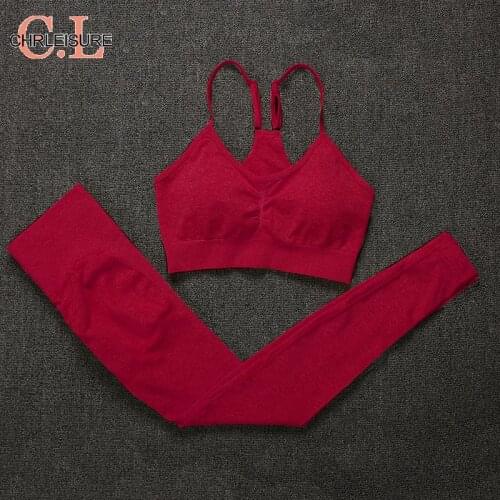 CHRLEISURE Red Women Tracksuit For Fitness Sports Seamless Summer 2 Pieces Set Sport Suit Women Push Up Bra And Booty Leggings