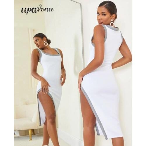 Free Shipping 2021 Women Shiny Patchwork Bandage Midi Dresses Sexy Sling Sleeveless Bodycon Split Dress Club Night Party Vestido