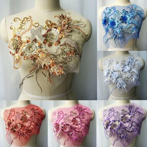 Gold Silver White Blue Lace Fabric Sequin 3D Flower Tassel Wedding Gown Appliques Embroidery Sew Patch For Dress DIY Decoration