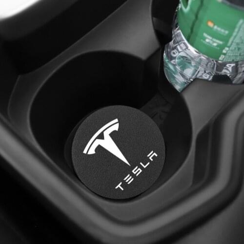 2Pcs Car Styling Cup Mat PU Leather Coaster Water Slot Non-Slip Pad For Tesla Model 3 Model S Model X