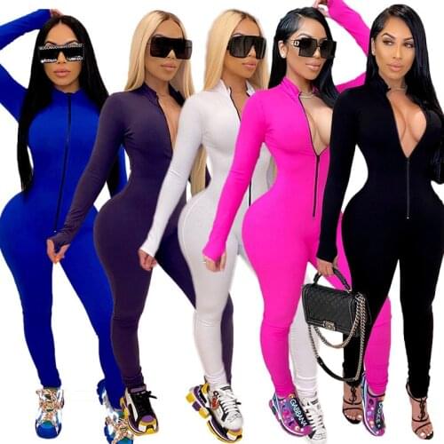 2021 New Workout Active Wear Solid Color Rompers Womens Jumpsuit Sporty Long Sleeve Fitness Clubwear Zipper Party Jumpsuits