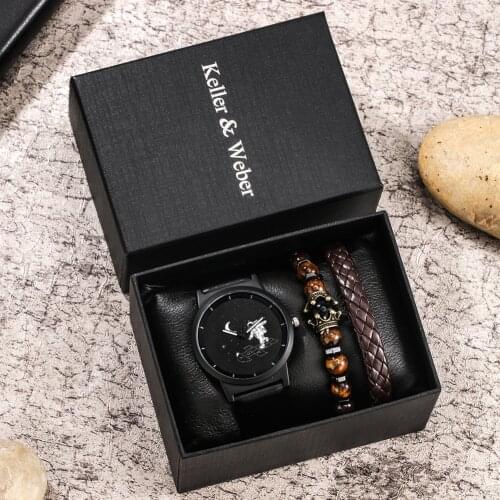 3 Pcs Luxury Watch Bracelet Set for Men Gift Fashion 2021 Business Watches Leather Strap Astronaut Pattern Quartz Wristwatches
