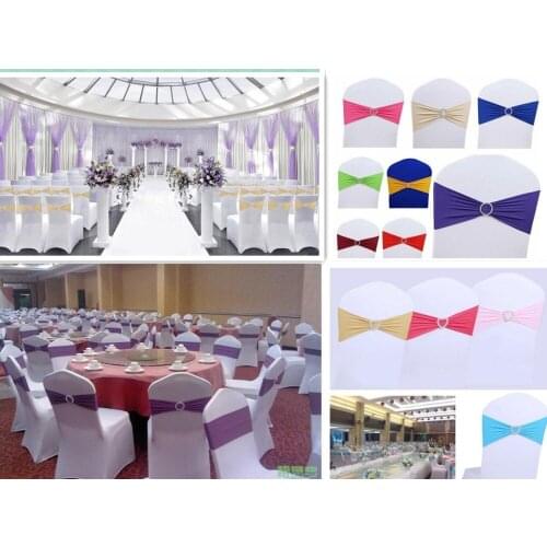 Fast Shipping 15 x 35CM 50PCS Multi Color Lycra Spandex Chair Back Supplies Wedding Party Sash Band with Round Buckle Decor