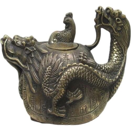 6 inc / Chinas Rare Ancient Bronze Hand Carved Dragon Turtle Teapot