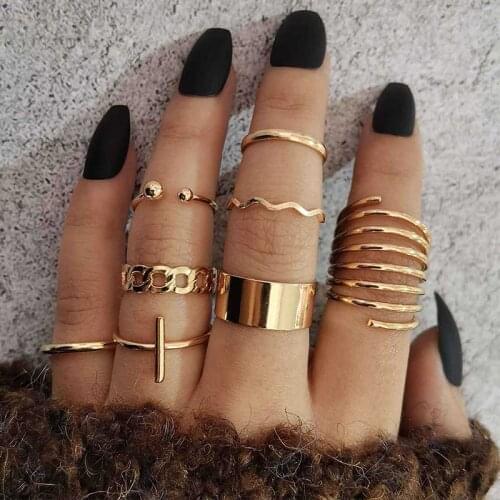 8 Pcs/Set Punk Rings Set Women Simple Gold Color Multilayer Glossy Cross Finger Ring Set Lady Beach Charm Jewelry