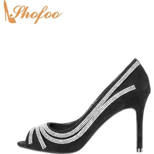 Black Crystal Stilettos High Thin Heels Pumps Peep Toe Woman Slip On Large Size 14 16 Ladies Fashion Evening Party Shoes Shofoo