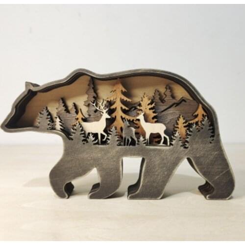 Wood Creative Elk Brown Bear Home Ornaments Hand Carved Wooden Decoration Indoor&Outdoor Garden Decorative Ornaments Practical