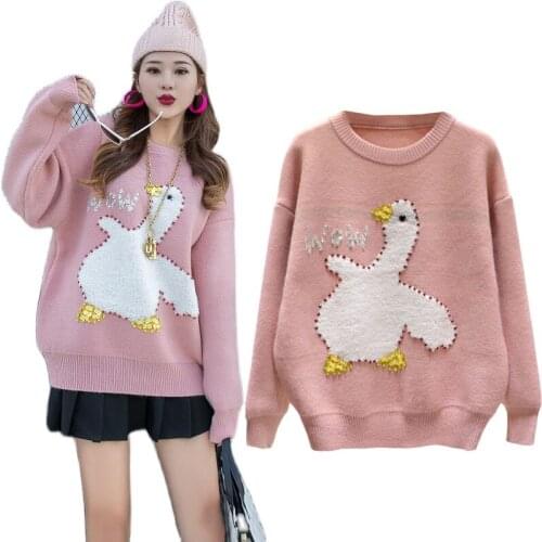Good Quality Sweet Pink Sweater Luxury Diamond Beading Cartoon White Goose Appliques Loose Casual Oversize Knitted Pullover Pull
