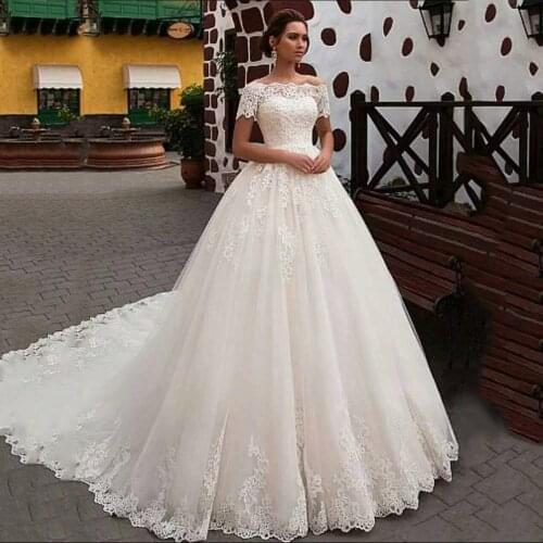 Fashion Short Sleeve Wedding Dress Boat Neckline A Line Floor Length Long Train Vestido De Noiva Wedding Gowns china