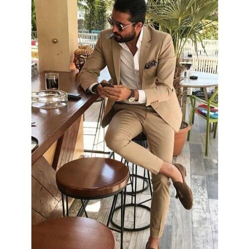 ANNIEBRITNEY Fashion Beige Men Formal Slim Fit Suit High Quality Business Suit With Pants Groom Wedding Tuxedo Custom Wool Suit