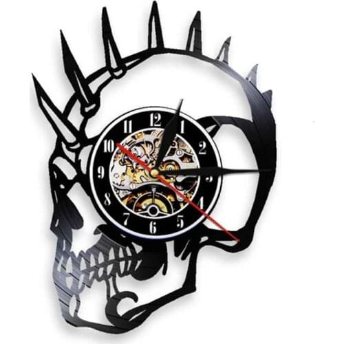 Dude Punk Skeleton Wall Clock Tattoos Skull Vinyl Record Mohican Biker Horloge Silent Quartz Watch Halloween Nightmare Christmas