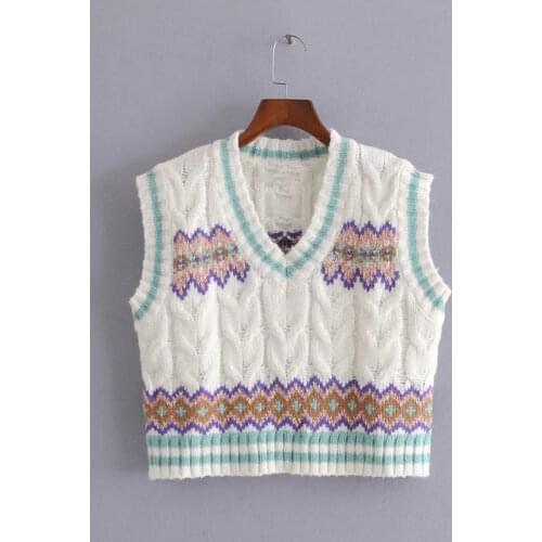 ZA New Women Fashion Knitted Vest Sweater V-neck Sleeveless Retro Printing Loose Female Waistcoat Chic Tops XITIMEAO