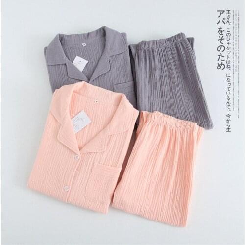 Fashion Cotton Crepe Mens Long-sleeved + Trousers Pajamas Spring and Autumn Thin Couple Home Service Suit Ladies Pajamas