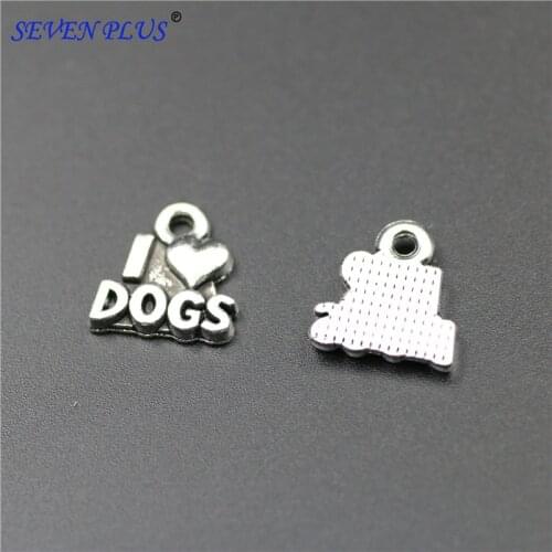 High Quality 20 Pieces/Lot 13mm*13mm Antique Silver Plated Alloy Diy Charm I Love Dogs Message Pet Dog Charms For Jewelry Making