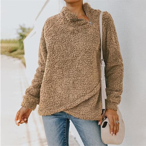 2021 Winter Women Teddy Sweater Fluffy Diagonal Zipper Pullover Cross Hem Chic Streetwear Ladies Warm Sherpa Fleece Sweaters