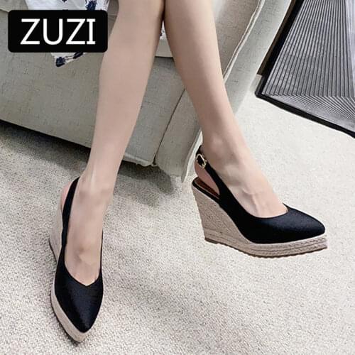 ZUZI High Heel Buckle Wedge Shoes 2021 Newest Breathable Women Sandals Female Pointed Toe Slippers High-heeled Espadrilles Straw