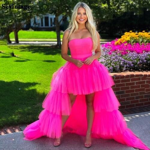 Sevintage Short Front Long Back Evening Dress Tiered Tulle Corset Back Long Prom Gowns Pleats Princess Women Party Dresses 2021