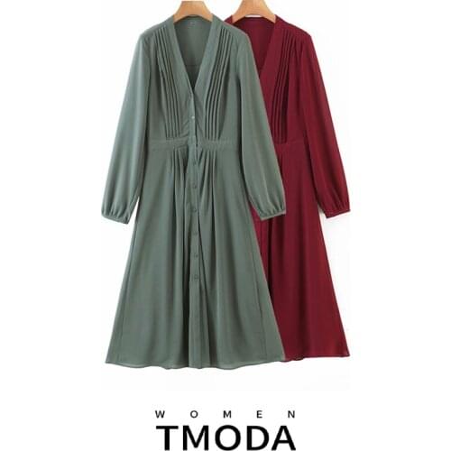 TMODA540 Za Womens Red Green Chiffon Pleated Dresses V Neck Full Sleeve A-Line Mid Calf Clothing 2021 Spring Summer