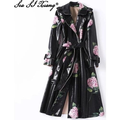 Seasixiang Fashion Designer Autumn PU Long Trench Women Turn-down Collar Long Sleeve Flower Print Belt Slim Outwear