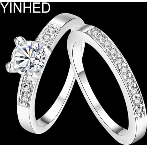YINHED Luxury White Gold Filled Ring Jewelry 6mm Round CZ Simulated Diamant Engagement Ring Sets Wedding Rings for Women ZR193