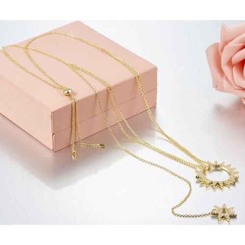 SLJELY Fashion Luxury 925 Sterling Silver 3 Gold Colors Zircon Gear Sun Geometric Pendant Necklace Women Brand Design Jewelry