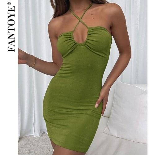 Fantoye Sexy Lace Up Backless Women Dress Green Criss Cross Halter Dresses Ladies Summer Hollow Out Streetwear Skinny Vestidos