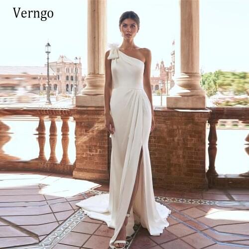 Verngo Simple Satin A Line Wedding Dress 2021 One Shoulder Bow Cape Flowers Side Slit Pleats Buttons Low Back Bridal Dresses