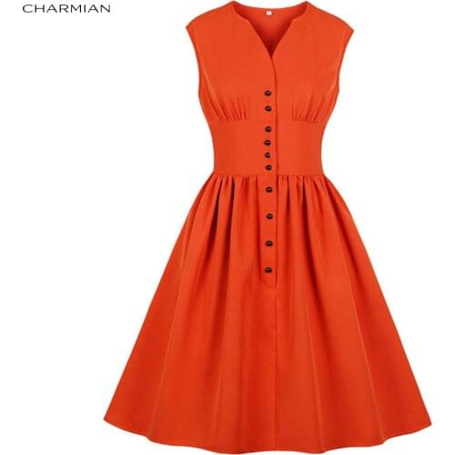 Charmian Womens Vintage V Neckline Front Buttons Sleeveless High Waist Summer Day Swing Dress