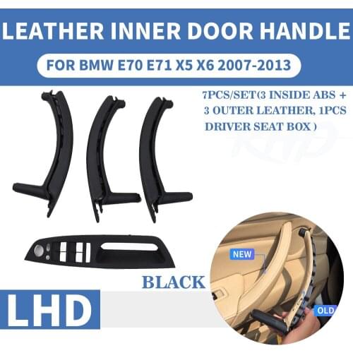 Black LHD Genuine Leather Car Front Rear / Left Right Interior Door Handle Inner Pull Trim Cover For BMW E70 E71 X5 X6 07-13