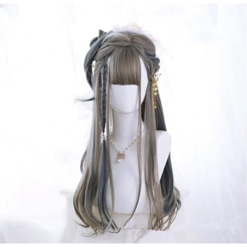Mixed Color Lolita Long Wavy Curly Wigs With Bangs Cute Girl Daily Party Cosplay Wig D714