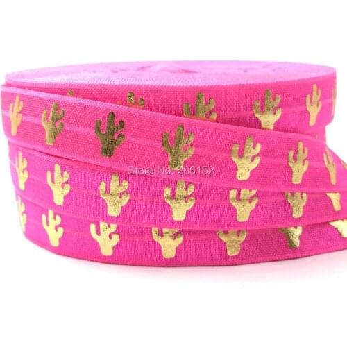 Good Quality Cactus Print Fold Over Elastic 10 Yards 5/8" Cacti Neon Pink FOE Elastic Ribbon for DIY Head wear Headband Hair Tie