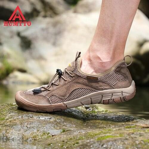 Humtto New Breathable Mesh Hiking Shoes Walking Mountain Sneakers Suede Leather Mens Outdoor Trekking Shoes Sports Sneakers Men
