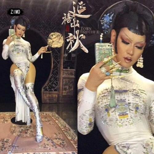 Ancient chinese costume Party Bar Womens sexy High Split Cheongsam Dress headwear outfits Dance Performance Clothes Sets stage