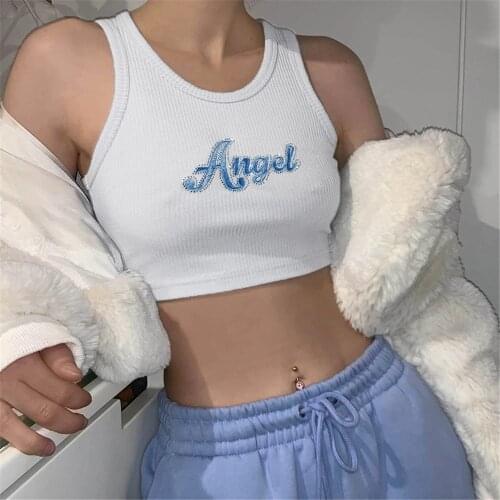 3 Color Summer Women Letter Embroidery Crop Top Fashion Casual Sleeveless Pink Tanks Sports Camis Female Clothing 2021