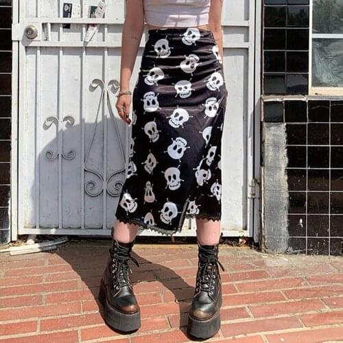 Lace Patchwork Ruffles Skeleton Print Maxi Skirt Women Black High Waist Stretch Skinny Pencil Skirt Gothic Streetwear