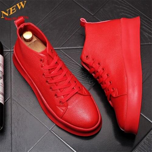 Red Men Hip-hop High Tops Flat Shoes Sneakers Leather Casual Shoes Trainers Zapatillas Hombre