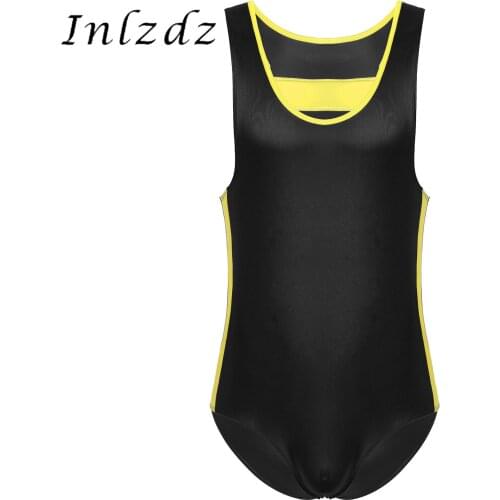Mens Lingerie Sexy Bodysuit Underwear Stretchy Patent Leather Patchwork Bodybuilding Fitness Round Neck Sleeveless Jumpsuits
