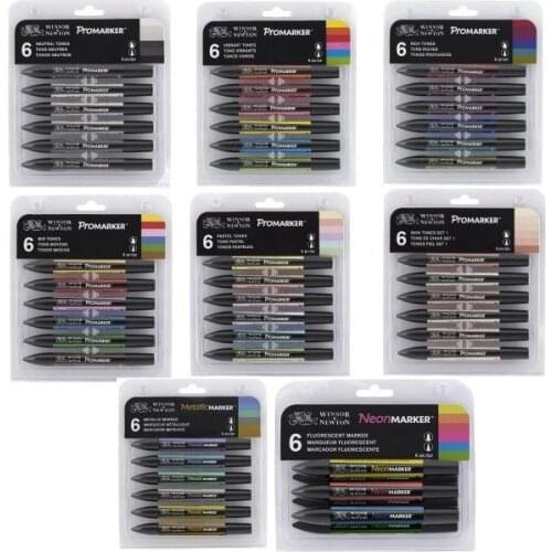 WINSOR & NEWTON Promarker Set Twin Tip Alcohol Based Marker Pens 6 Colors & 12 Colors Design Professional Marker For Artists