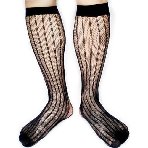 Brand Mens Mesh Suit Socks Black Stripe for Leather Shoes Gay Sexy Collection Stocking Male Elastic Hose Man