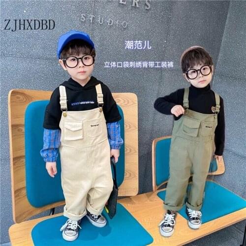 Letter Pockets Solid Khaki Boys Girls Blue Denim Solid Overalls 2020 Autumn Childrens Clothing Overalls for Boys Girls Trousers