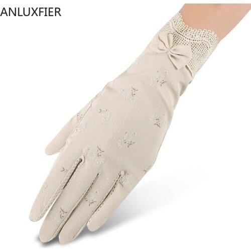H10042 Sun Protection Gloves Women Summer Ice Silk Touch Screen Lace Hand Muff Driving Breathable Anti-skid All-finger Mittens