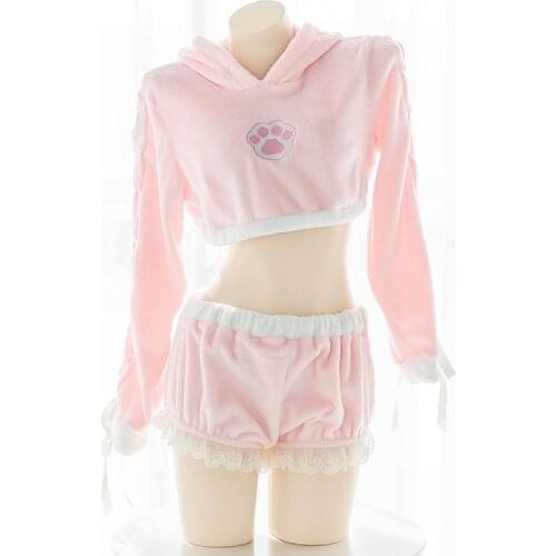 Lolita Cute Bunny Pajamas Set Girls Kawaii Cat Paw Home Wear Sexy Lingerie Flannel Homewear Pink Shorts Rabbit Sleepwear 2 Piece