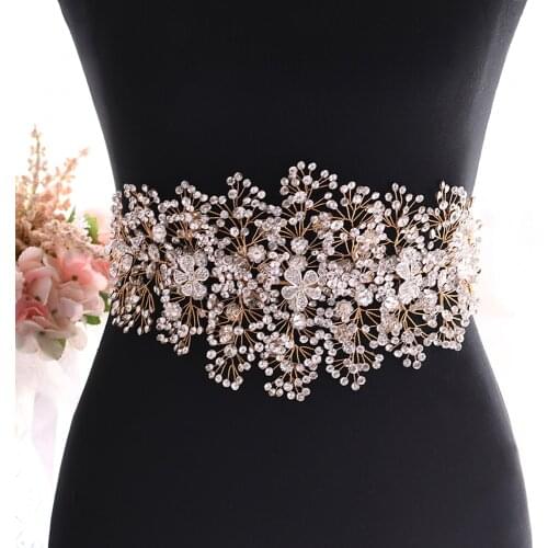 100% Handmade Bling Golden Rhinestone Belt Floral Wedding Belt Luxury Clear Crystal Bridal Belt Beaded Bridal Belt Jewelry Belts