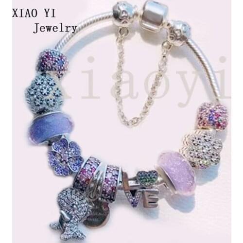 XIAOYI 2020 New 100% S925 Colorful dinosaur pendant studded with diamonds letters flowers and glass bracelet for girlfriend