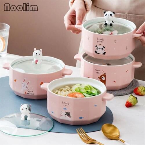 Japanese Ceramic Cute Cartoon Couple Instant Noodle Bowl with Clear Glass Lid Large Capacity Binaural Ramen Soup Bowl Tableware
