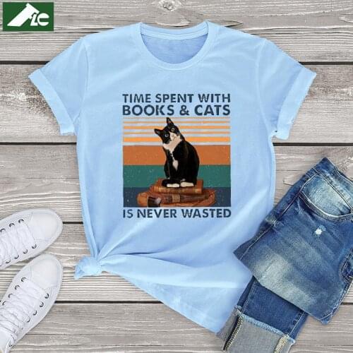 Funny cat shirts women clothes time spent with cat and book 100 cotton Vintage t shirt kawaii girls tees 90s unisex men tops 3xl
