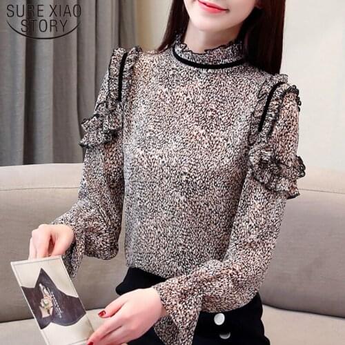 New Elegant Women Shirts Spring Long Sleeve Autumn Chiffon Blouse Women Print Ruffles Ladies Tops Plus Size Tops 6733 50