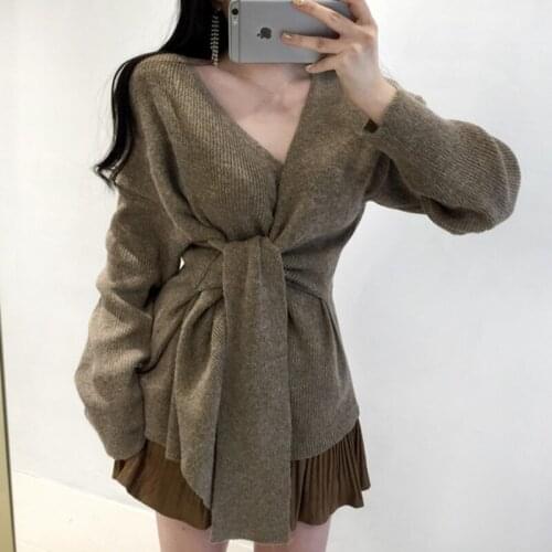 Poncho Top Cotton Acrylic Computer Knitted Womens Sweater 2018 New Waist V-neck Tie Wearing Long-sleeved Lazy Women Pullover