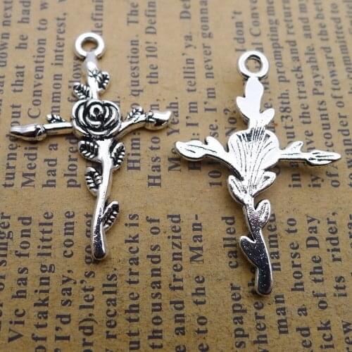 100pcs Flower Cross Charms 24mm x 35mm DIY Jewelry Making Pendant antique silver color