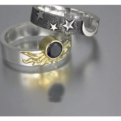 2021 New 2 Pcs Creative Fashion Men Women Couple Rings Set Plated Sun Moon Star Pattern Ring Casual Party Bar Ring Jewelry Gift